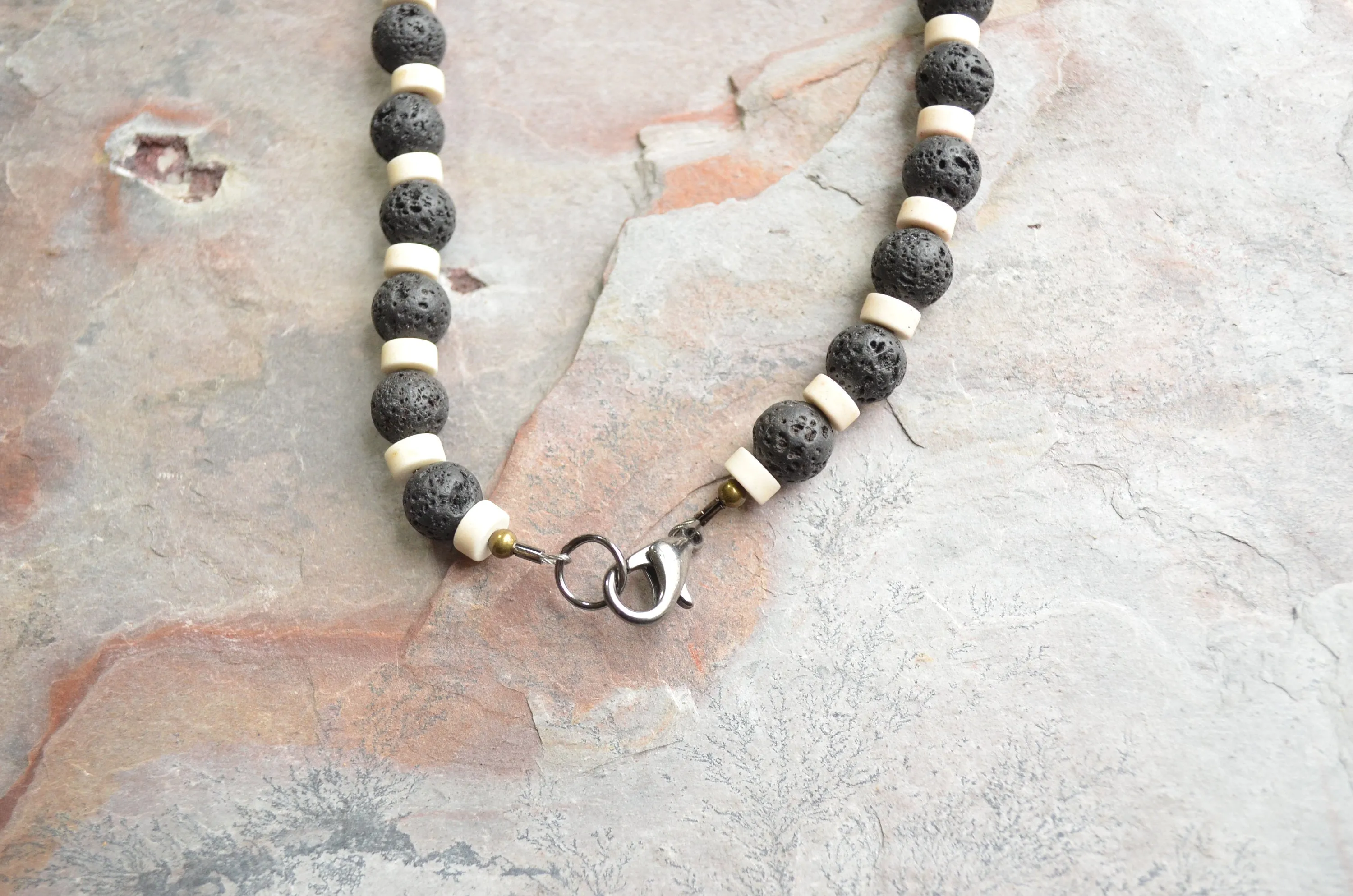 Mens Black White Lava Rock Bead Surfer Necklace - Mac