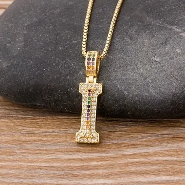 Micro Pave Rainbow Pendant Necklace with Initial A-Z Zircon in Gold Color