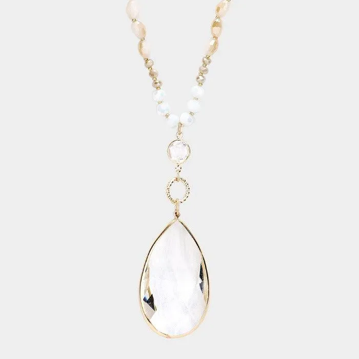 Multi Beaded Teardrop Lt Colored Topaz Stone Pendant Long Necklace