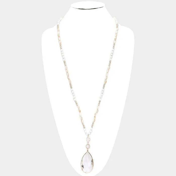 Multi Beaded Teardrop Lt Colored Topaz Stone Pendant Long Necklace