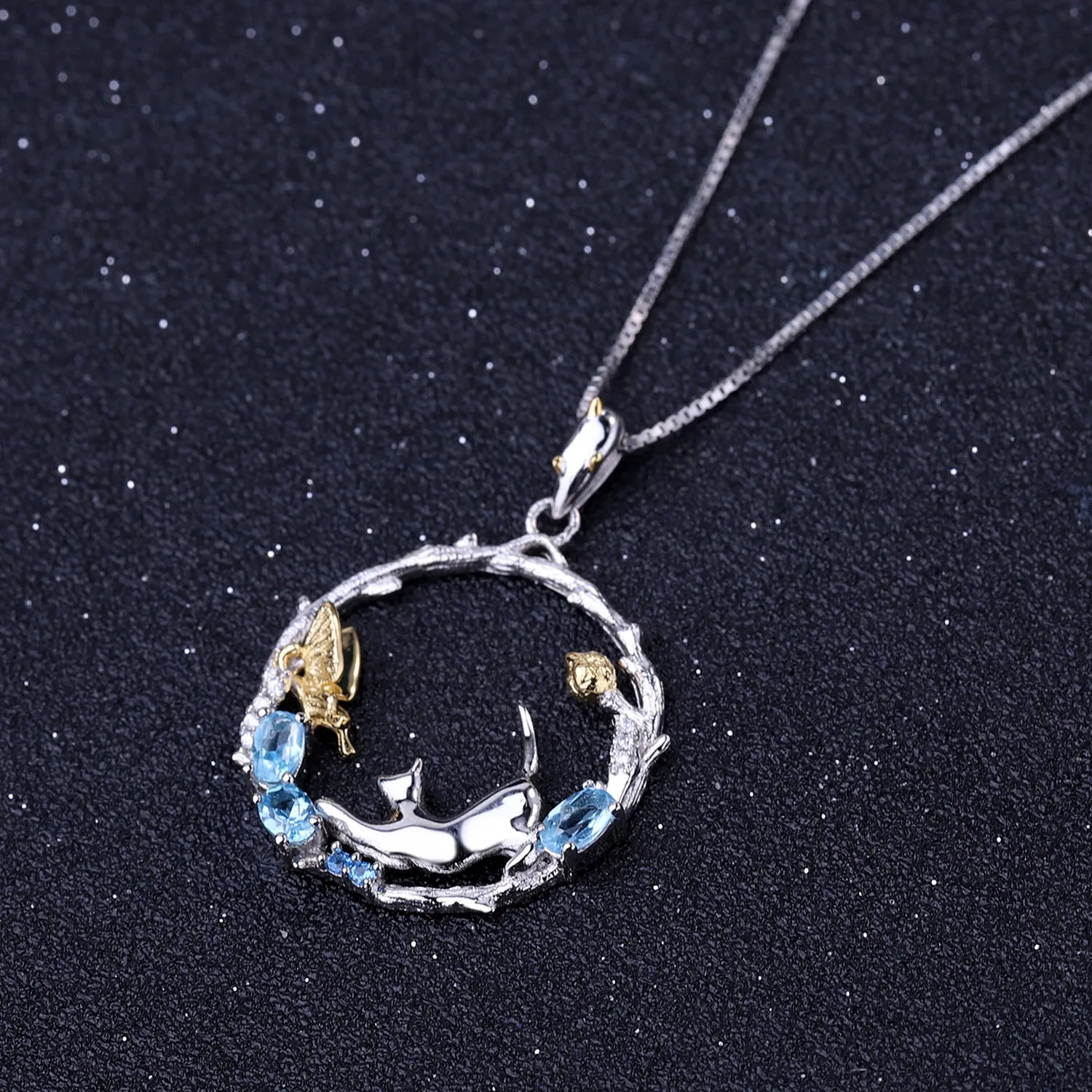 National Style Animal Design Natural Topaz Cat and Butterfly Pendant Silver Necklace for Women