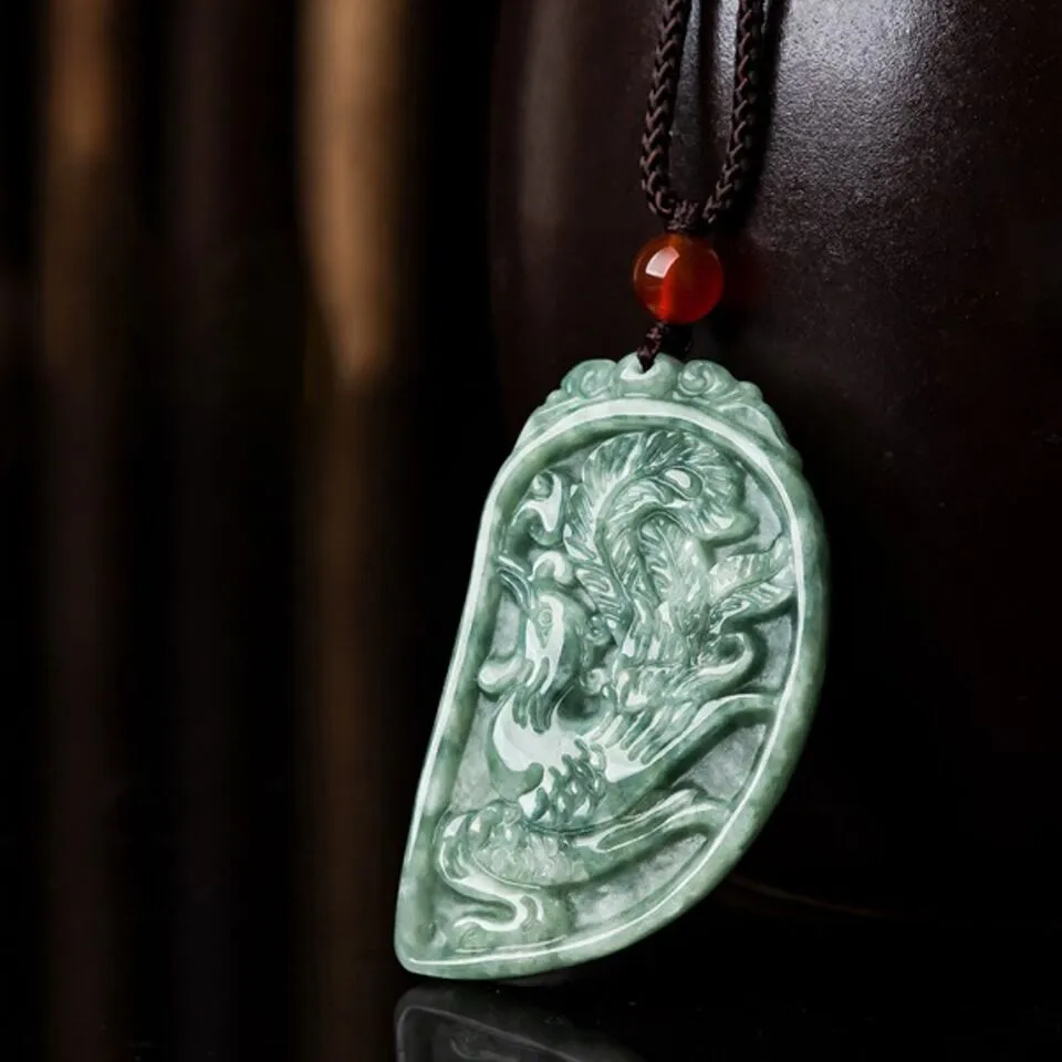 Natural Grade A Jade Jadeite Couple Green Dragon Phoenix Half Circle Pendant PAIR Necklace