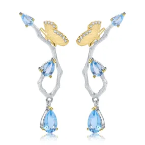 Natural Topaz Butterfly In Garden Design Sterling Silver Drop Earrings for Women