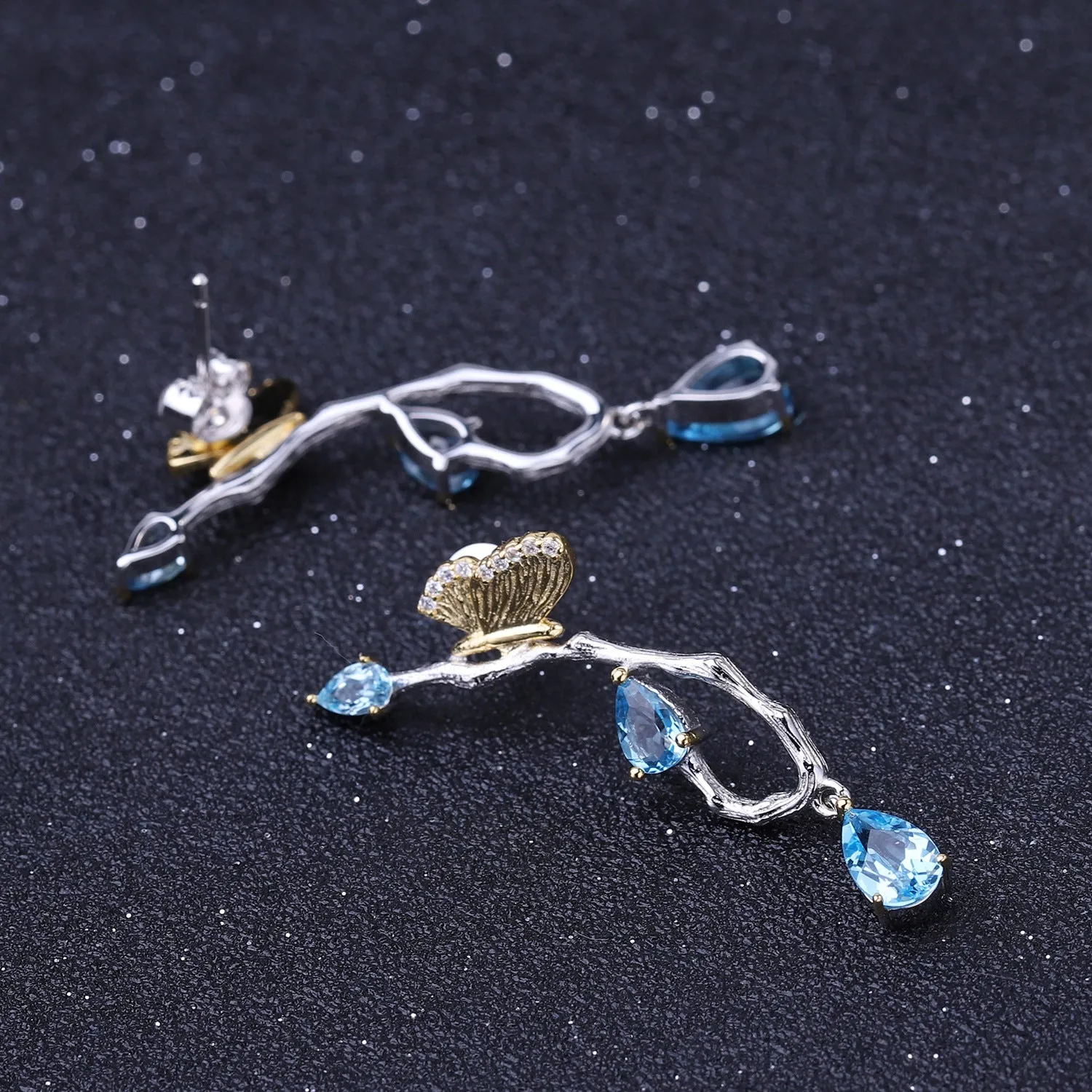 Natural Topaz Butterfly In Garden Design Sterling Silver Drop Earrings for Women