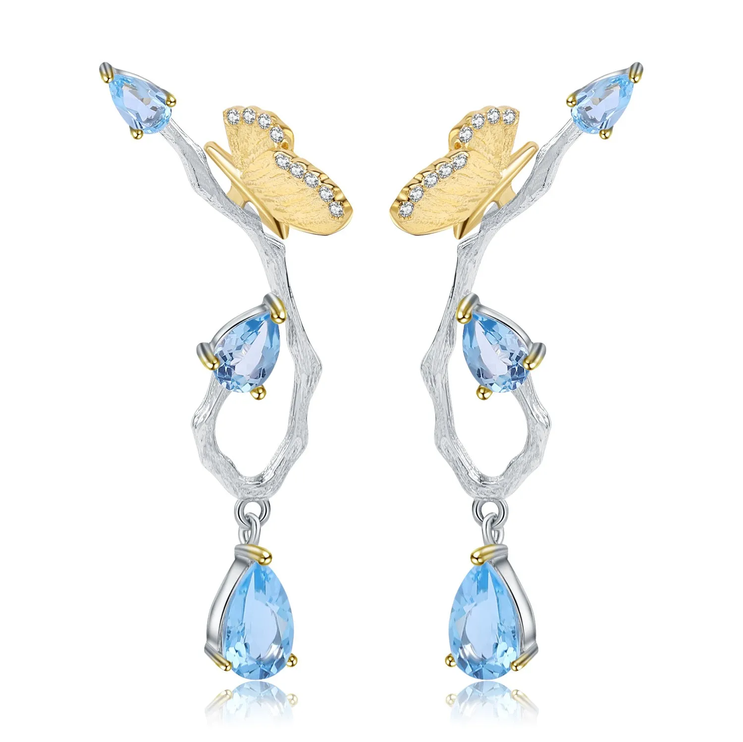Natural Topaz Butterfly In Garden Design Sterling Silver Drop Earrings for Women
