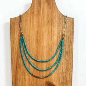 Navajo | Navajo Handmade Sterling Silver Paperclip Chain Necklace with Three Strands of Turquoise Chip Beads and Navajo Pearls