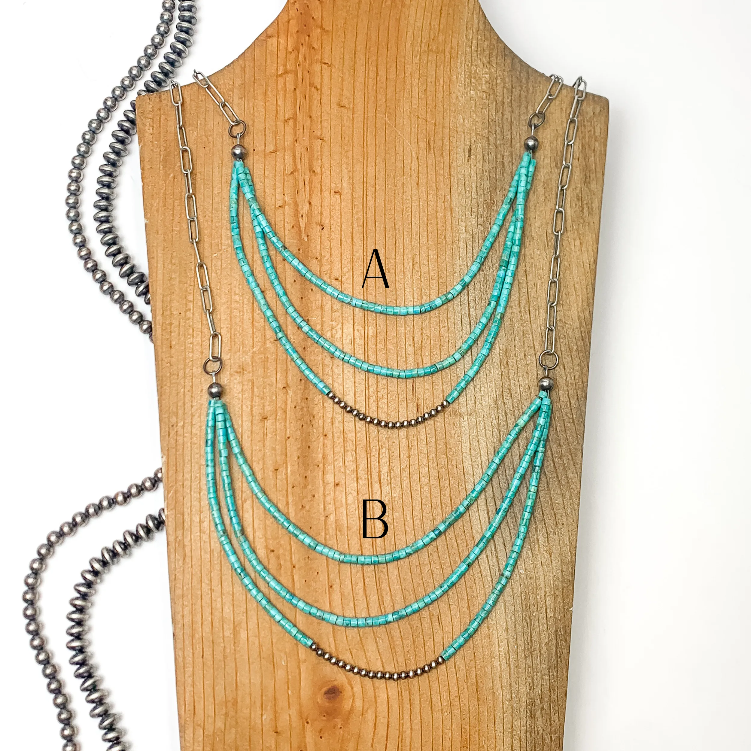 Navajo | Navajo Handmade Sterling Silver Paperclip Chain Necklace with Three Strands of Turquoise Chip Beads and Navajo Pearls