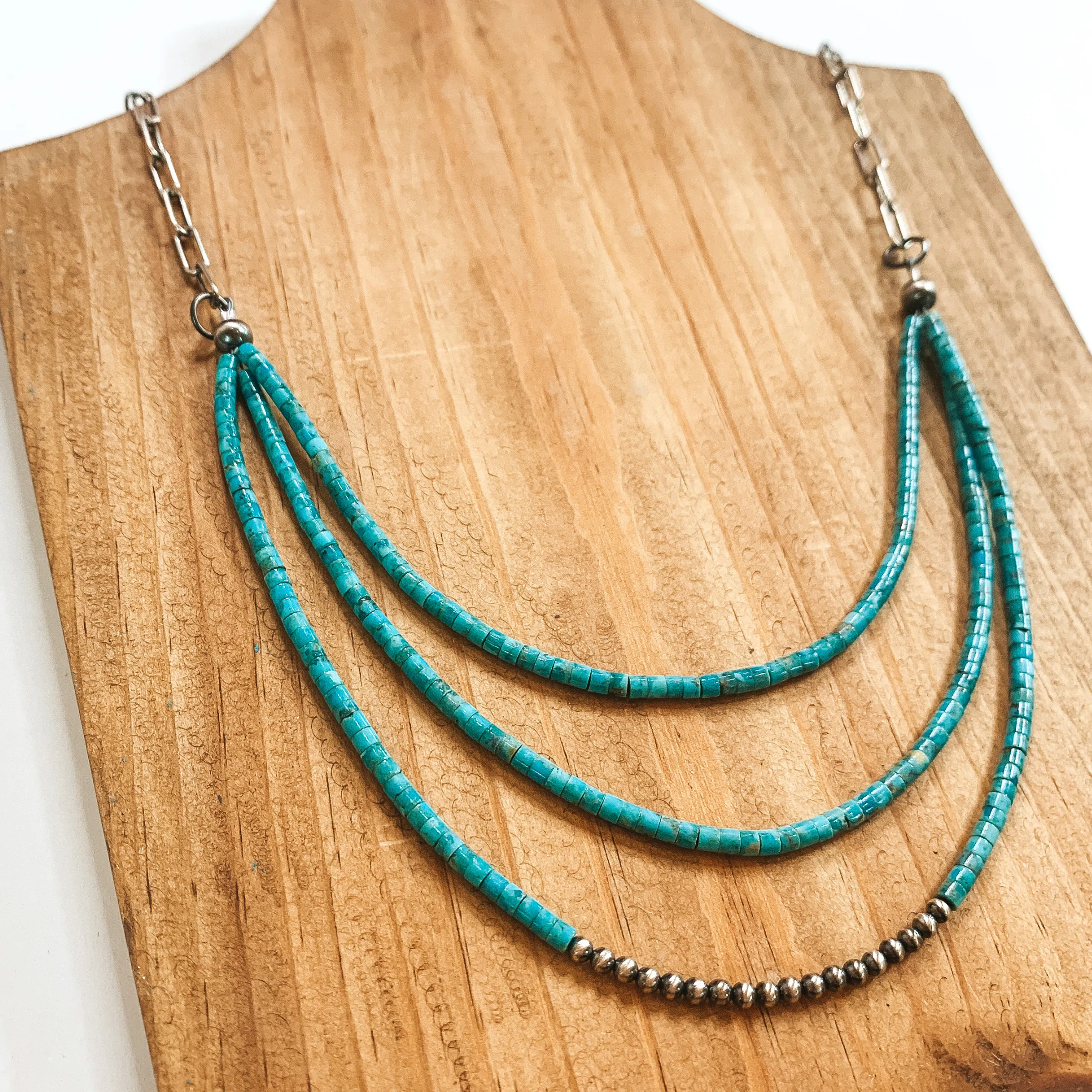 Navajo | Navajo Handmade Sterling Silver Paperclip Chain Necklace with Three Strands of Turquoise Chip Beads and Navajo Pearls