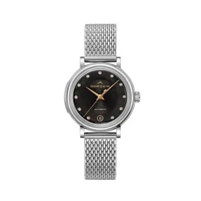 NORQAIN 34mm Freedom 60 Automatic Watch with Black Mother- of- Pearl Diamond Dial in Stainless Steel