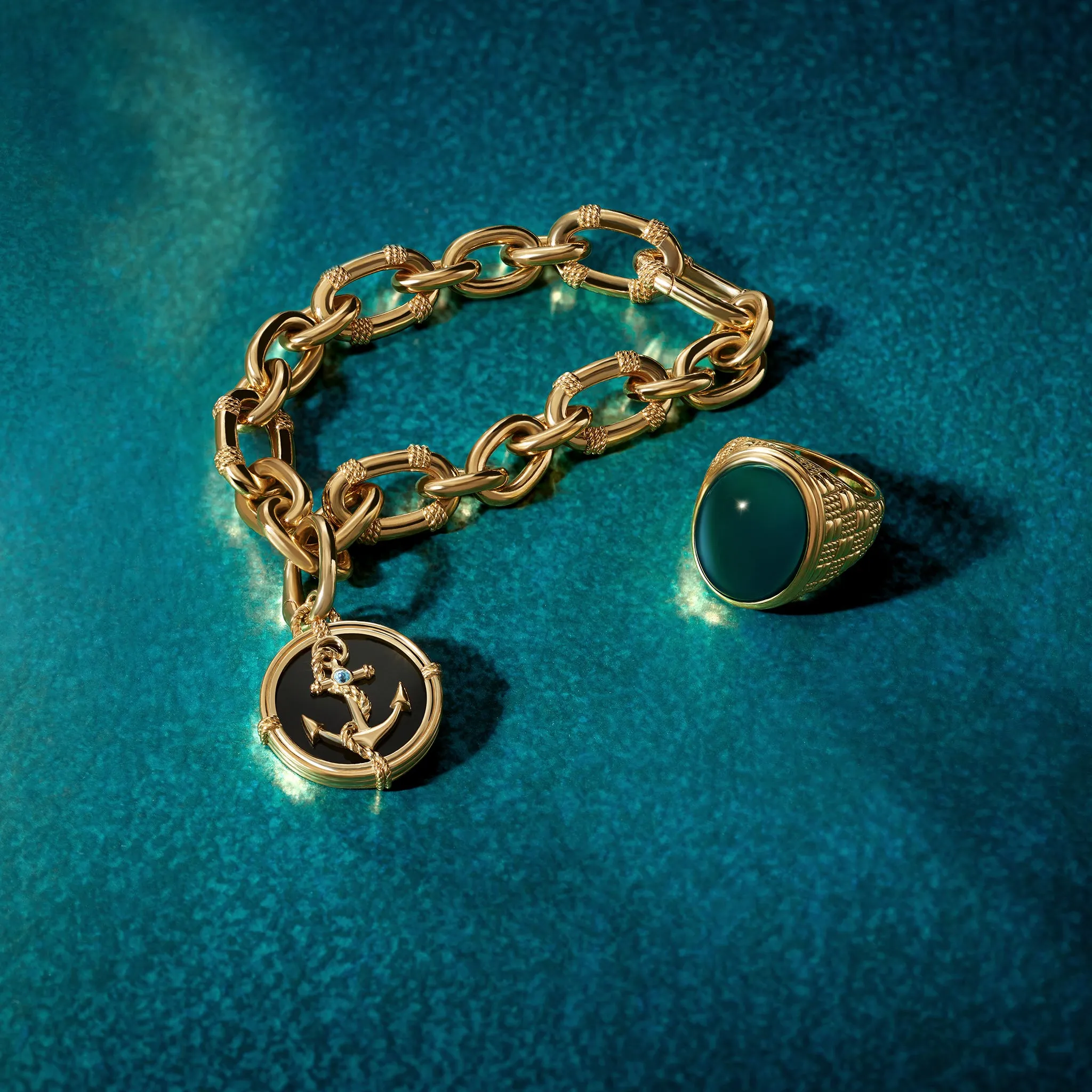 Ocean Reef Anchor Medallion with Black Onyx and Blue Topaz in 18K Gold Vermeil