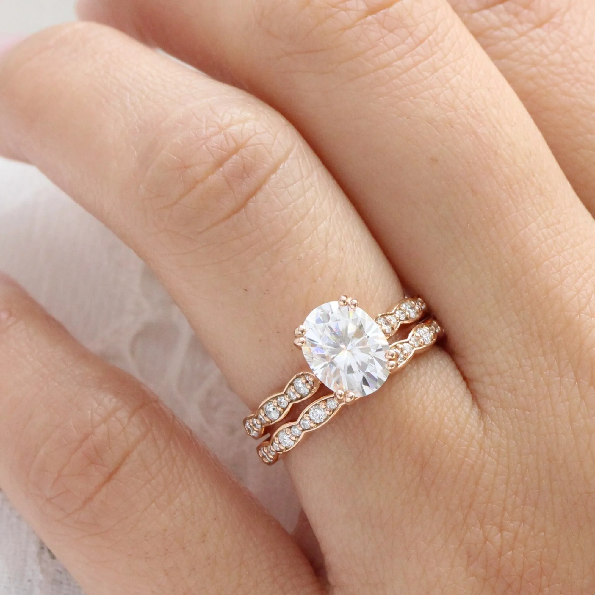 Oval Moissanite Engagement Ring in Grace Solitaire Diamond Band