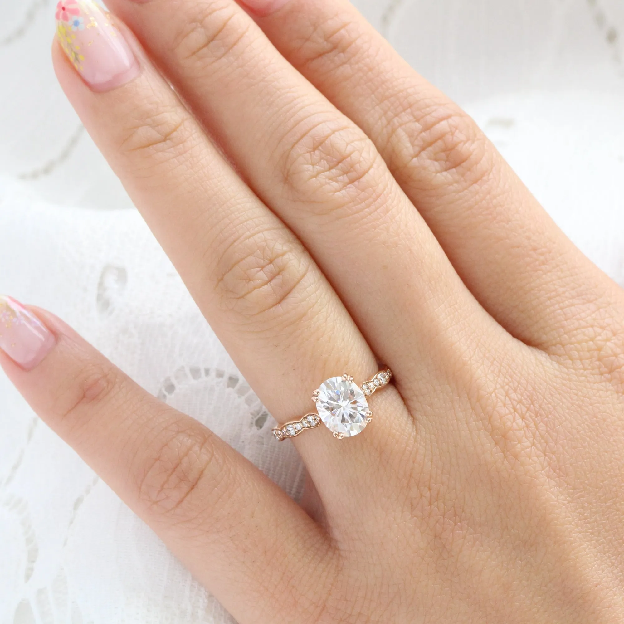 Oval Moissanite Engagement Ring in Grace Solitaire Diamond Band