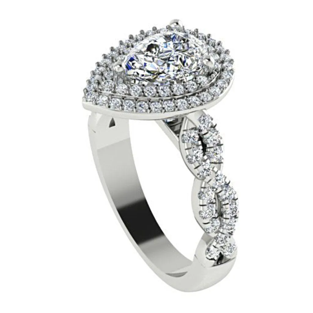 Pear Diamond Double Halo Engagement Ring 18K White Gold