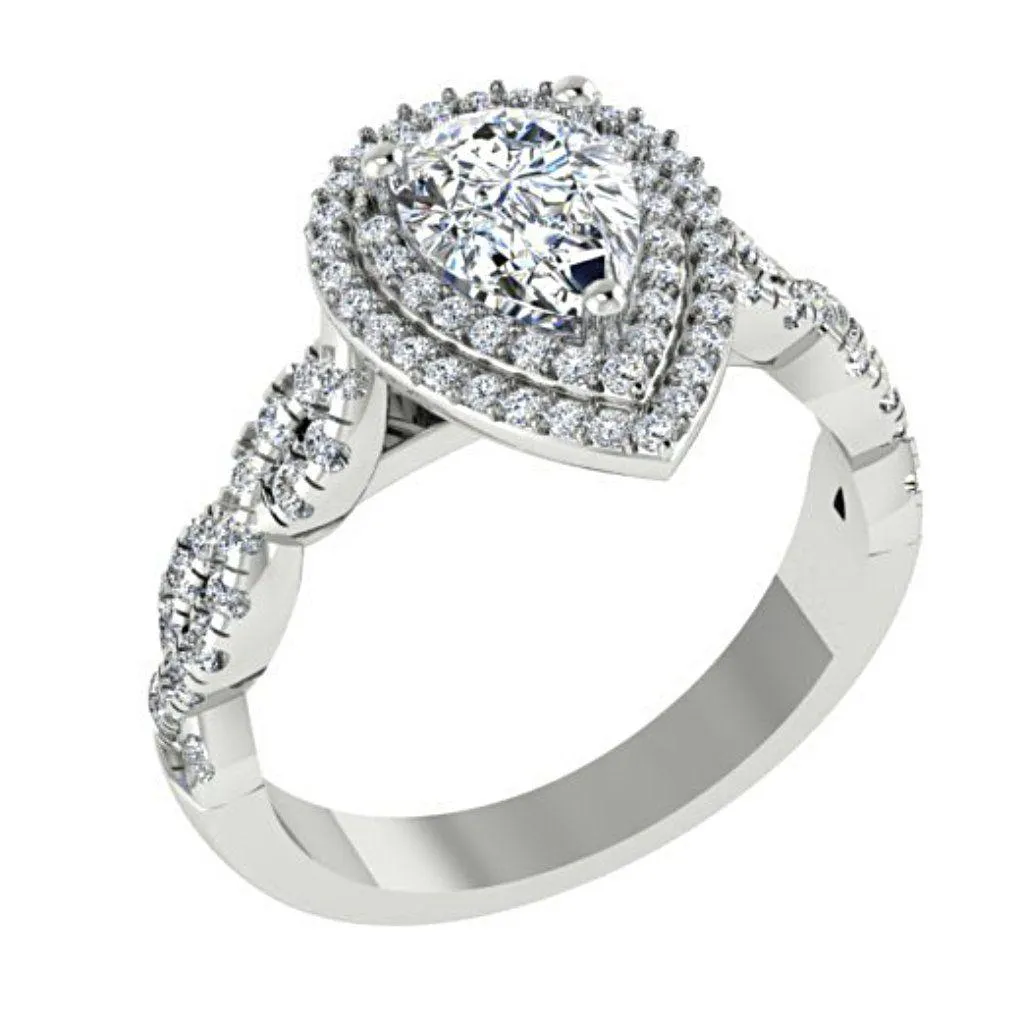 Pear Diamond Double Halo Engagement Ring 18K White Gold