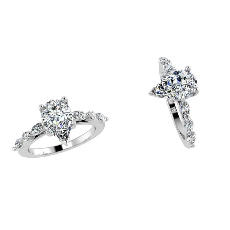 Pear Diamond Ring with Marquise and Round Side Stones