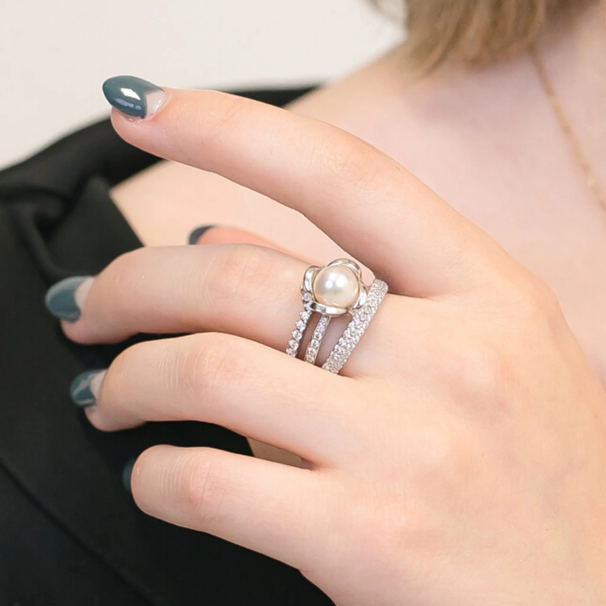 Pearl Engagement Ring with Diamonds in White Gold