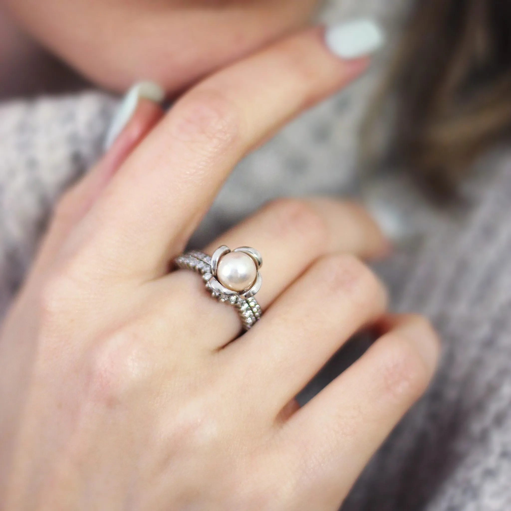 Pearl Engagement Ring with Diamonds in White Gold
