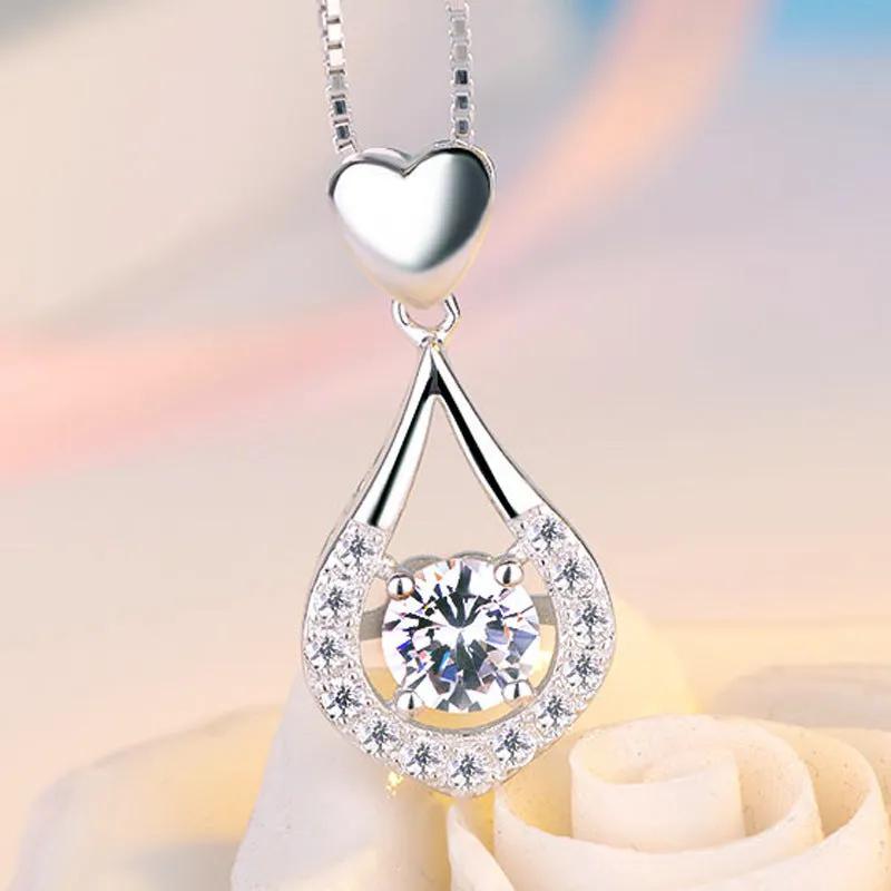 (Pendant Only) Zircon Waterdrop with Love Silver Pendant for Women