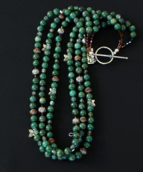 Peruvian Jade Rounds 3-Strand Necklace with Sterling Silver Leaf Charms & Stamped Rondelles, Rutilated Quartz, Czech Glass Picasso Coral Saucers, Swarovski Crystal & Fire Polished Glass, and Sterling Silver Toggle Clasp
