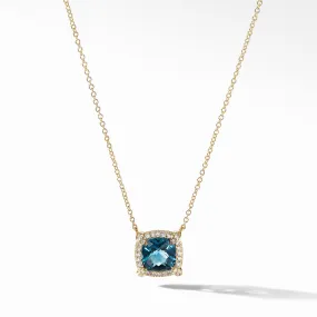 Petite Chatelaine Pave Bezel Pendant Necklace in 18K Yellow Gold with Hampton Blue Topaz