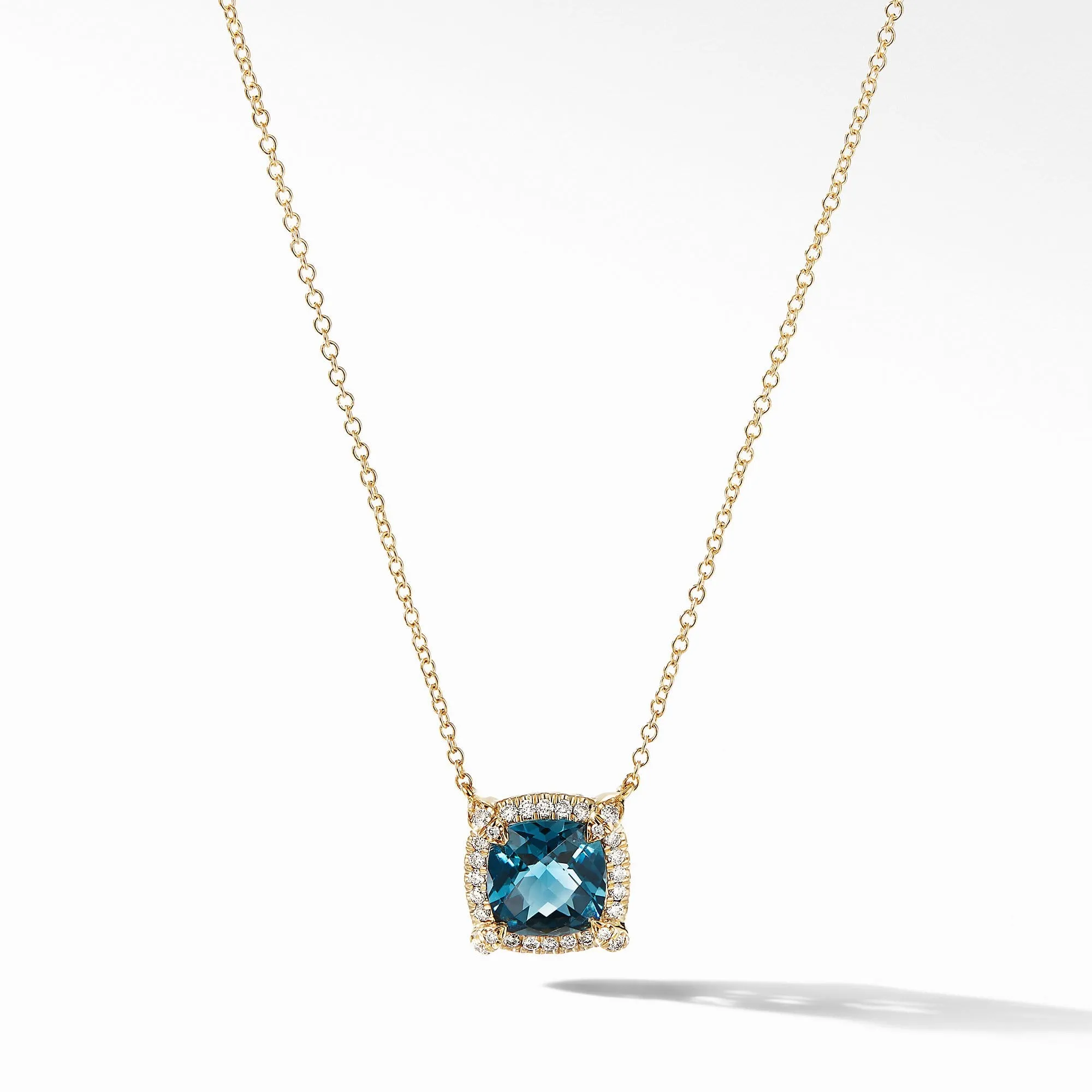 Petite Chatelaine Pave Bezel Pendant Necklace in 18K Yellow Gold with Hampton Blue Topaz