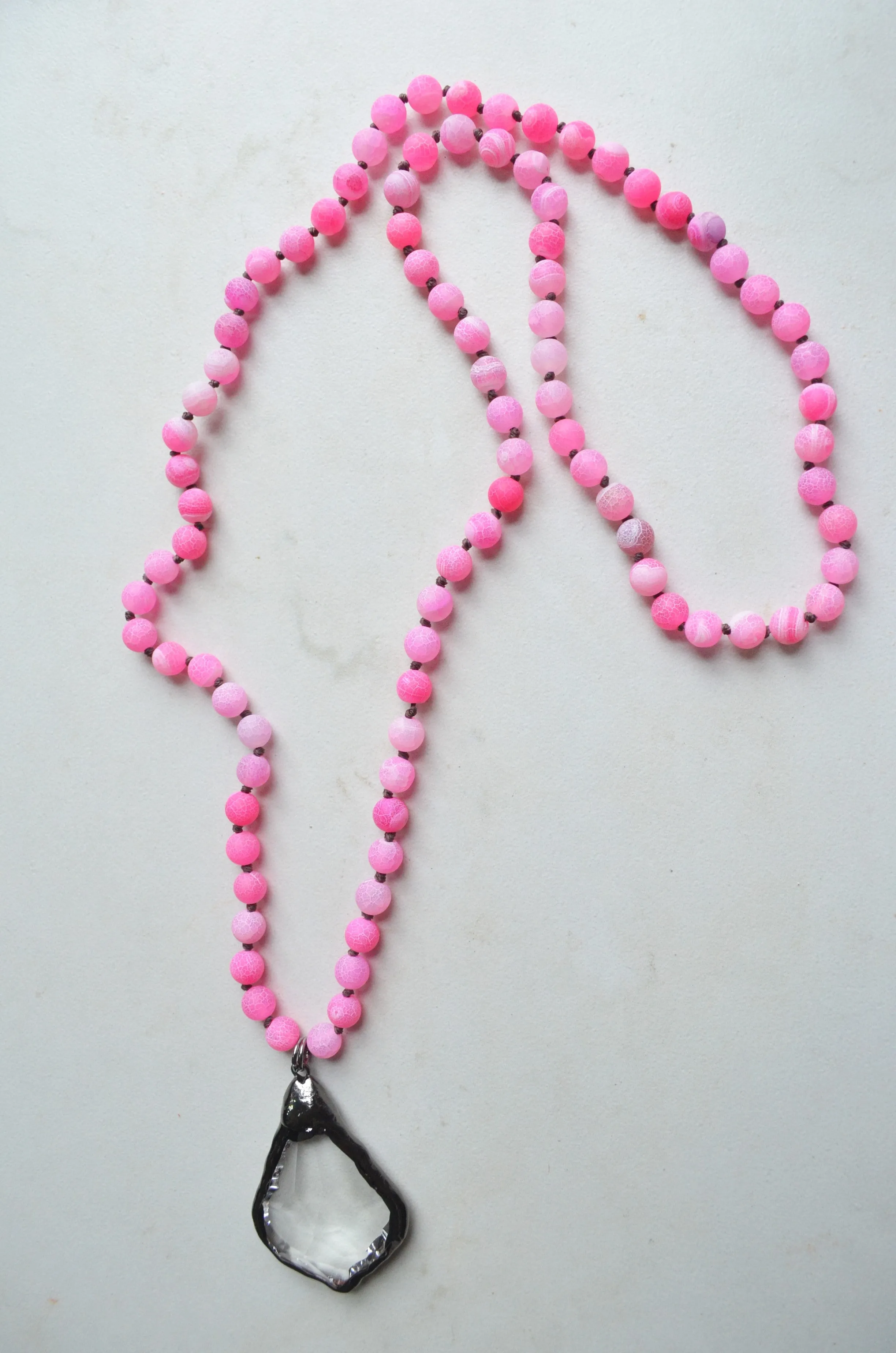 Pink Long Stone Crystal Glass Pendant Beaded Necklace - San Jose