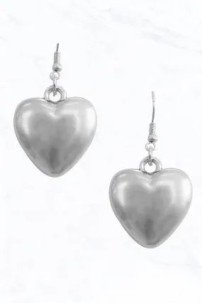 Puffy Metal Heart Dangle Earrings in Silver