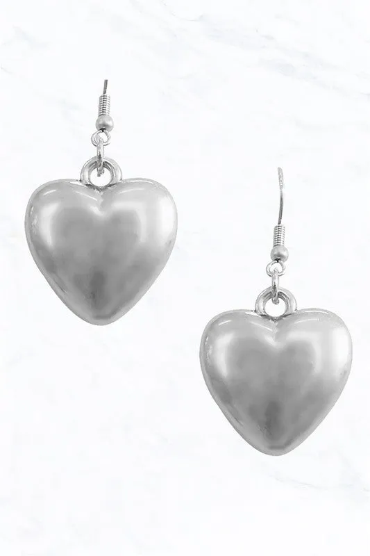 Puffy Metal Heart Dangle Earrings in Silver