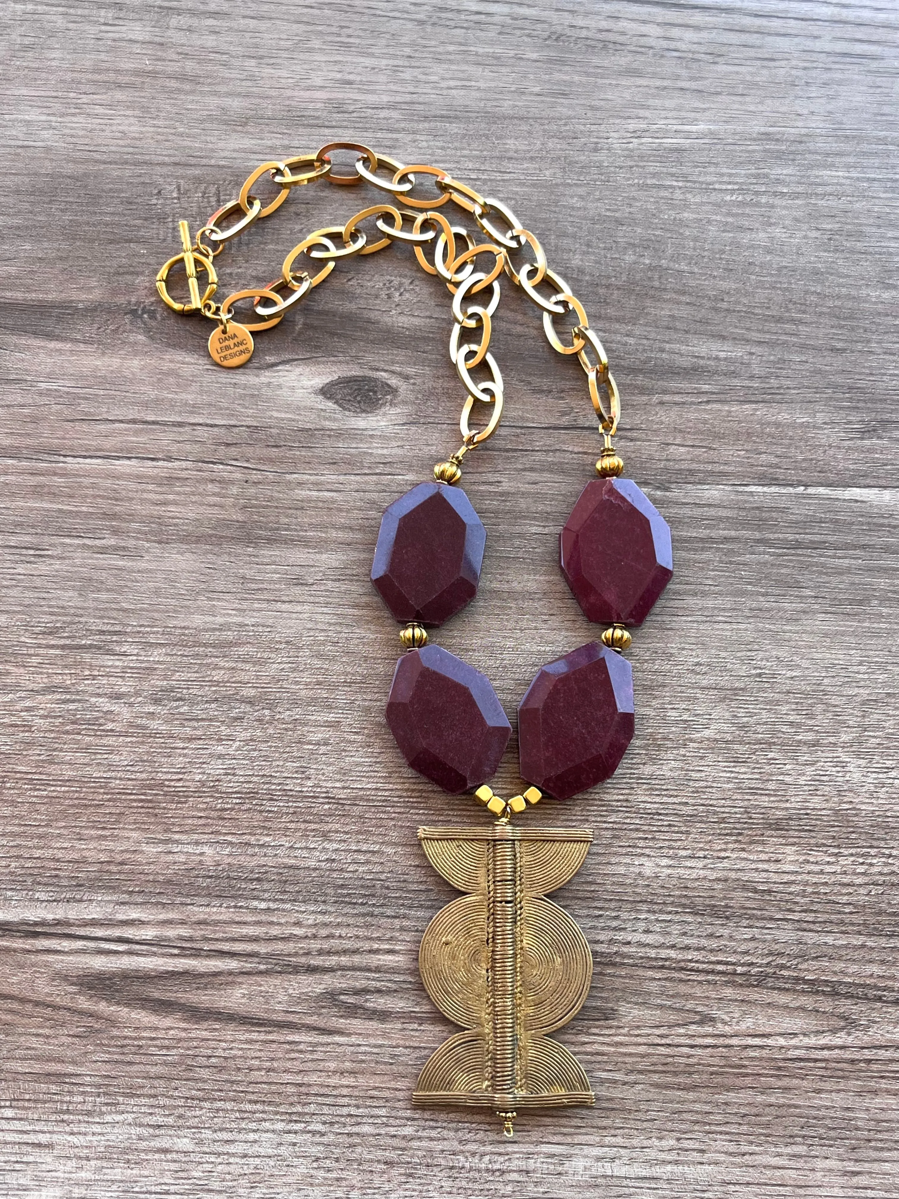 Purple Red Jade Ethiopian Brass Pendant Statement Necklace - Ultimo