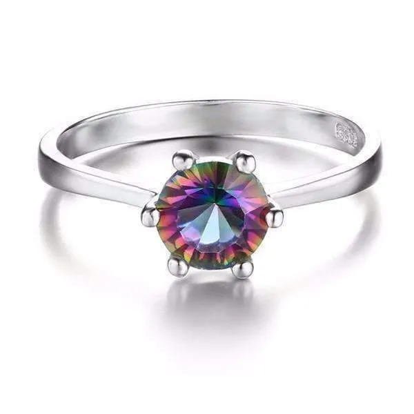 Rainbow Fire Genuine Mystic Topaz Round Cut 1.4CT IOBI Precious Gems Solitaire Ring