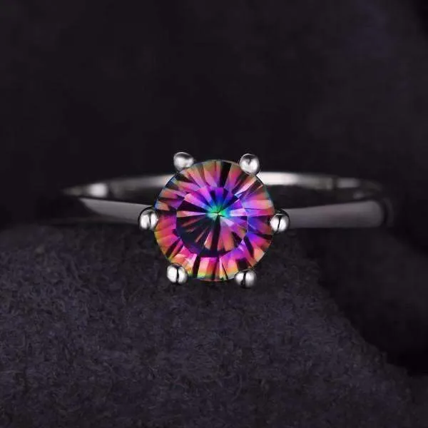 Rainbow Fire Genuine Mystic Topaz Round Cut 1.4CT IOBI Precious Gems Solitaire Ring