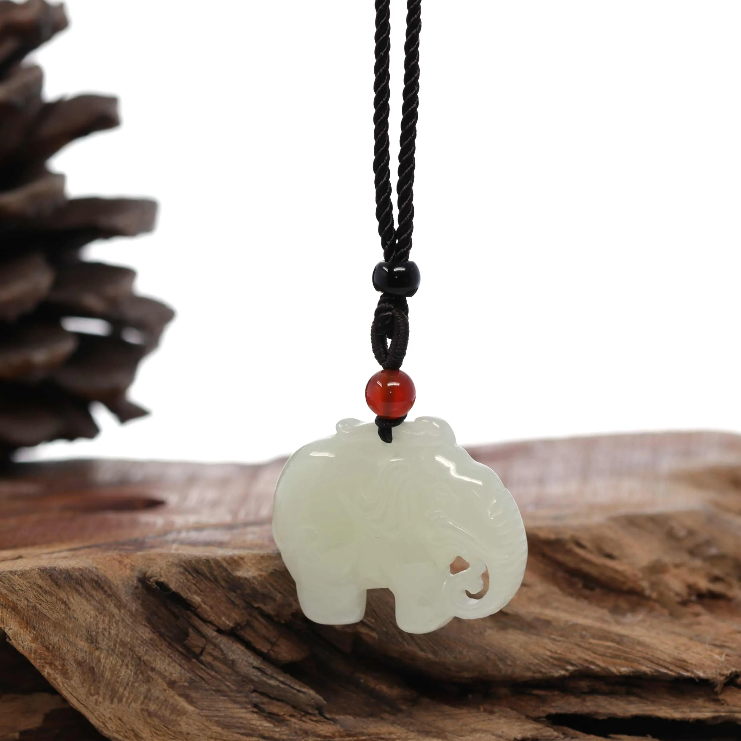 RealJade® Co. Genuine HeTian White Nephrite Jade Elephant Pendant Necklace