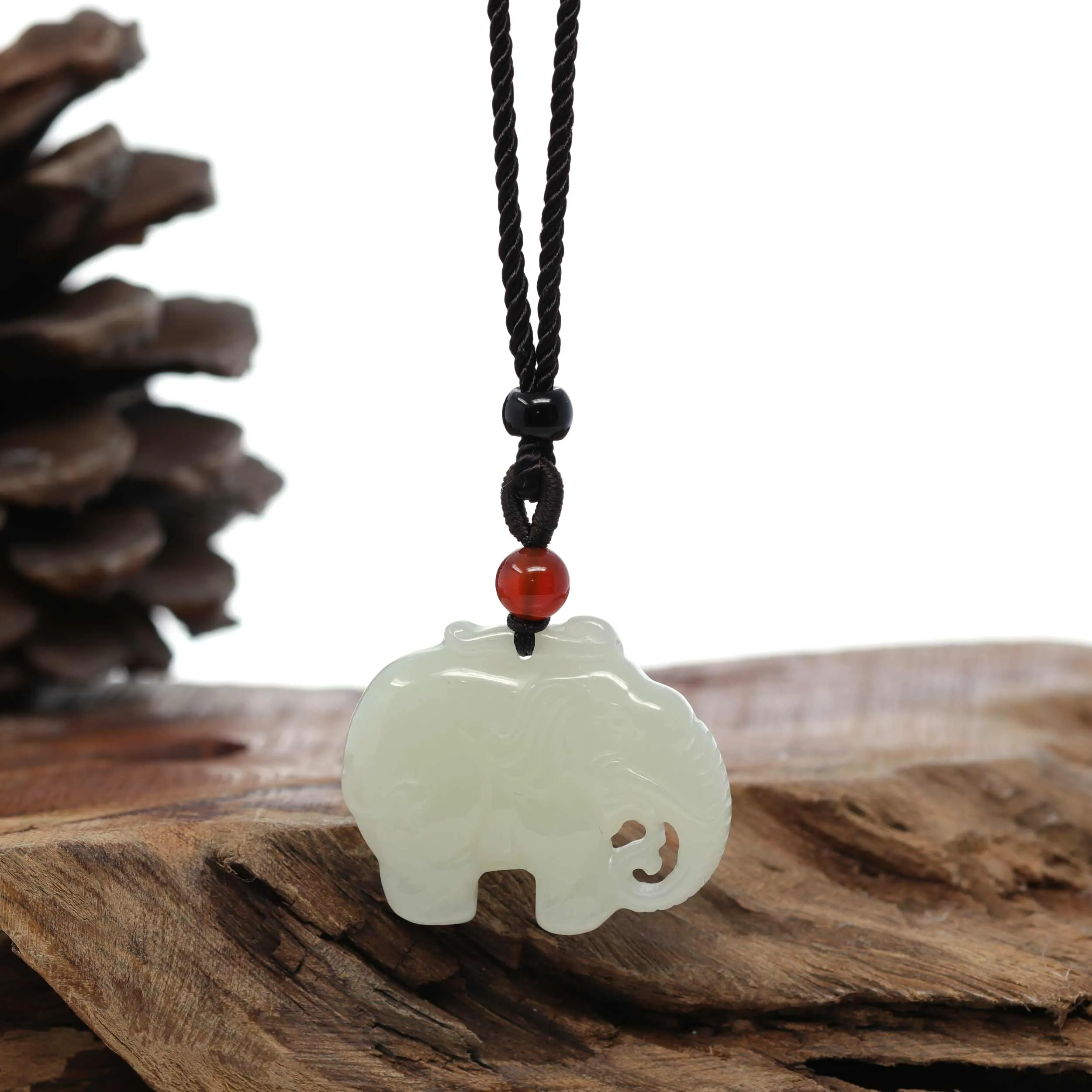 RealJade® Co. Genuine HeTian White Nephrite Jade Elephant Pendant Necklace