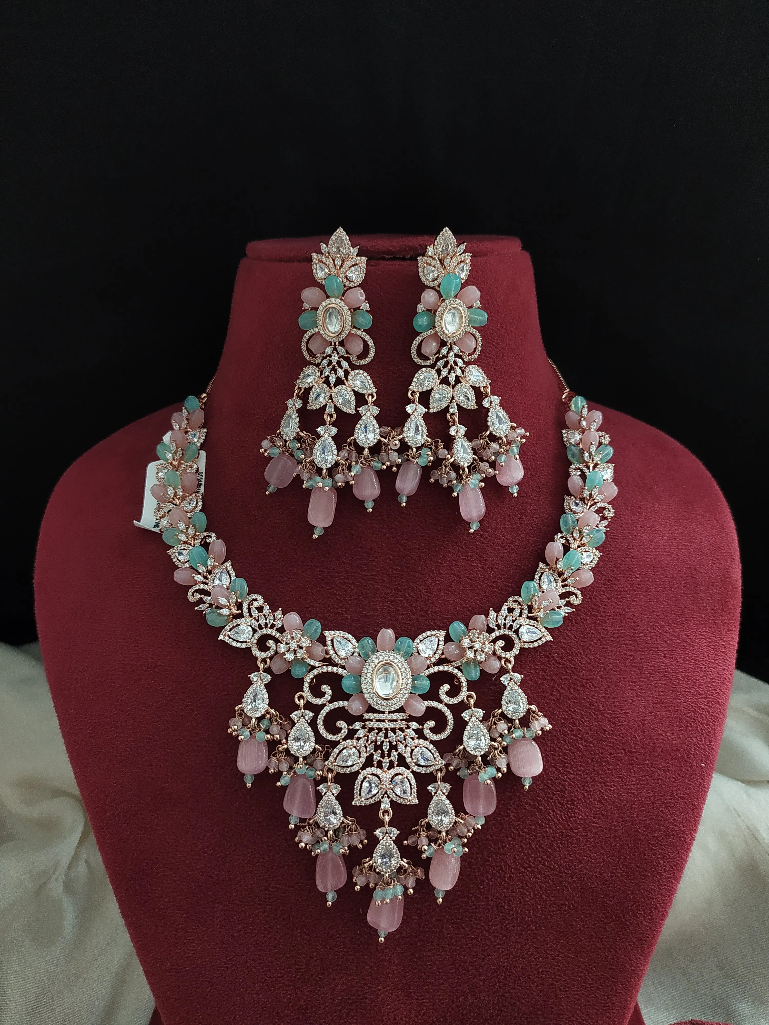 Rose Gold Plated Floral Zircon Necklace Sets