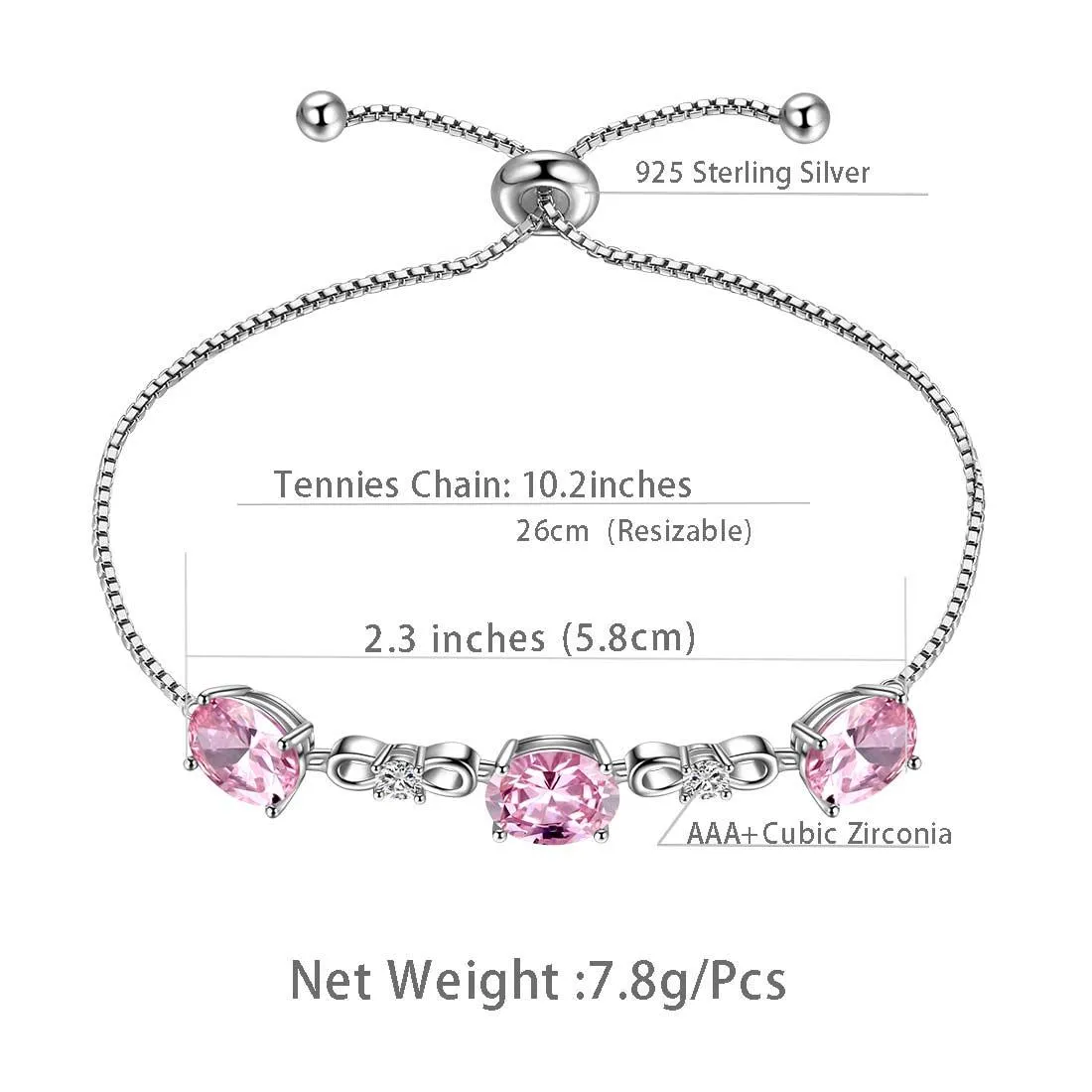 Round Birthstone October Tourmaline Bracelet Women Girls Jewelry Birthday Gift Sterling Silver