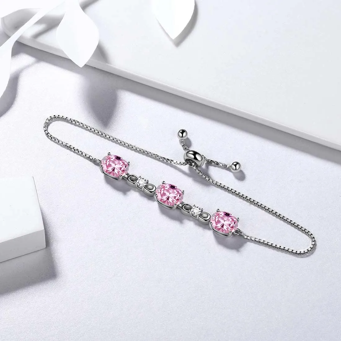Round Birthstone October Tourmaline Bracelet Women Girls Jewelry Birthday Gift Sterling Silver