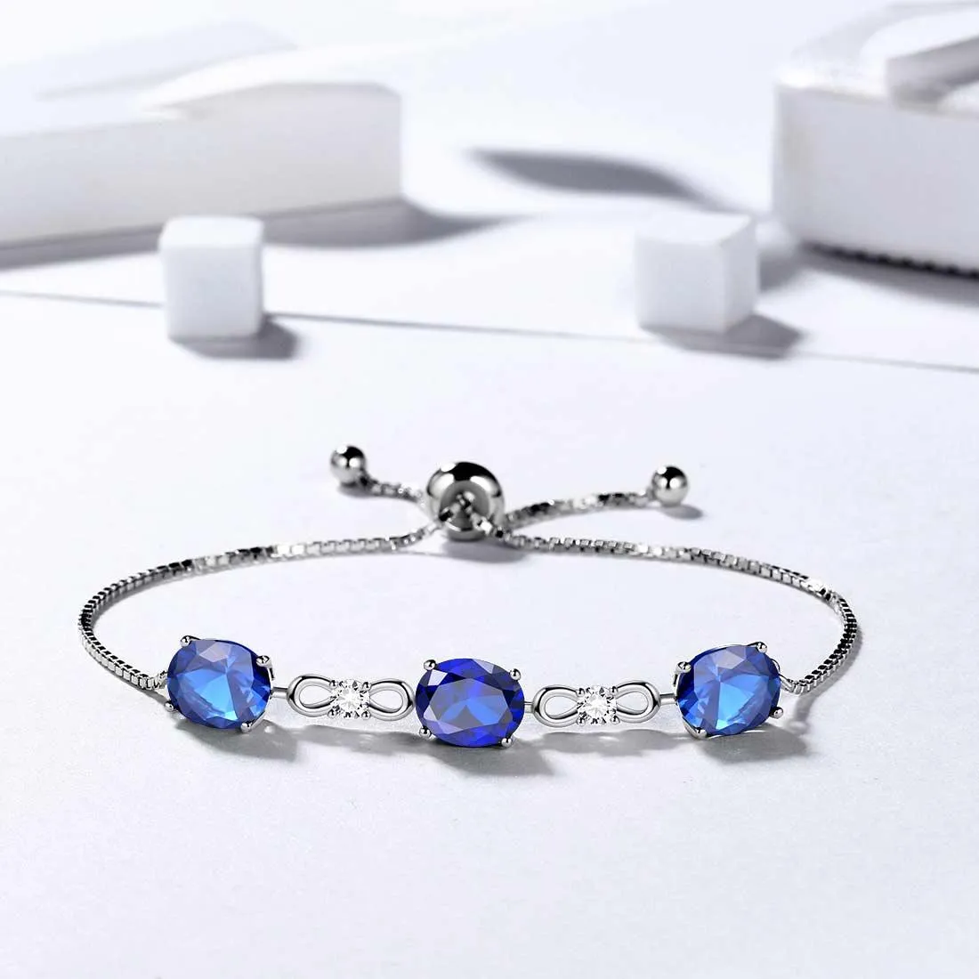 Round Birthstone September Sapphire Bracelet Women Girls Jewelry Birthday Gift Sterling Silver
