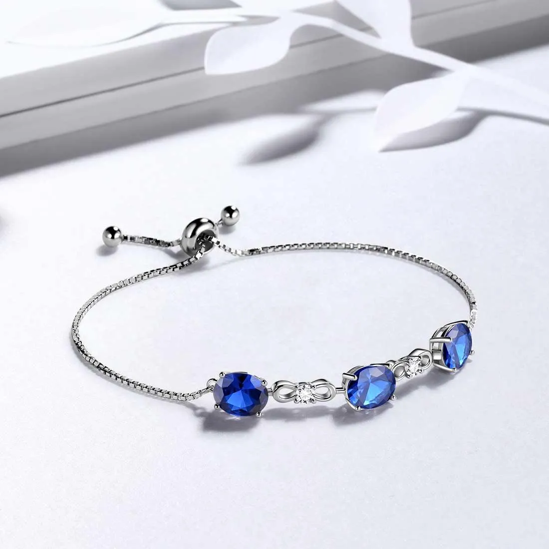 Round Birthstone September Sapphire Bracelet Women Girls Jewelry Birthday Gift Sterling Silver