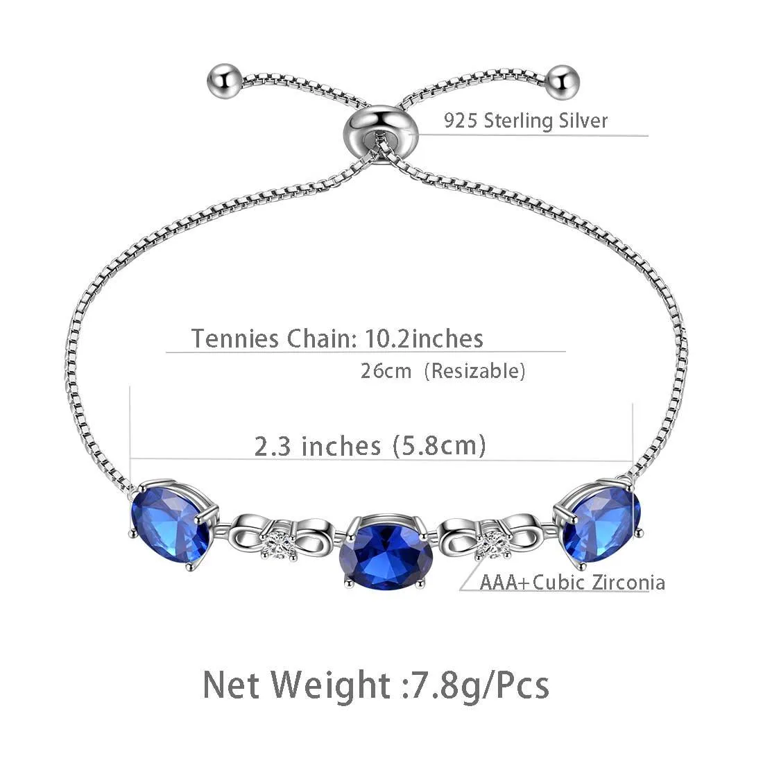 Round Birthstone September Sapphire Bracelet Women Girls Jewelry Birthday Gift Sterling Silver