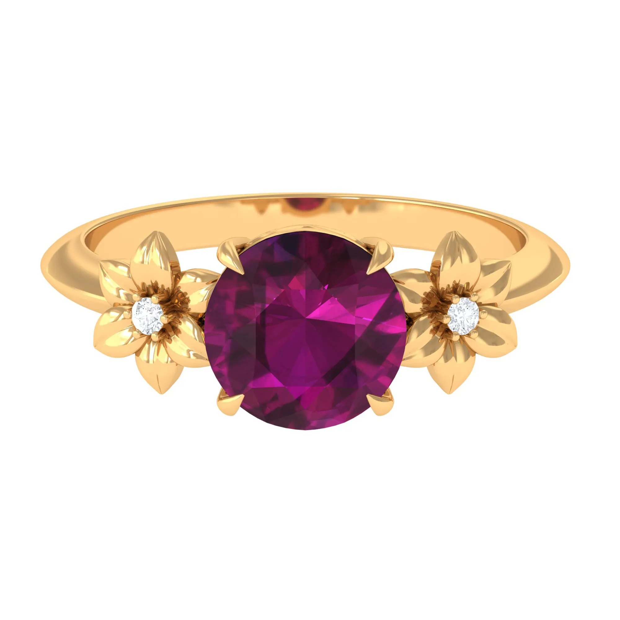 Round Rhodolite Solitaire Flower Engagement Ring with Diamond