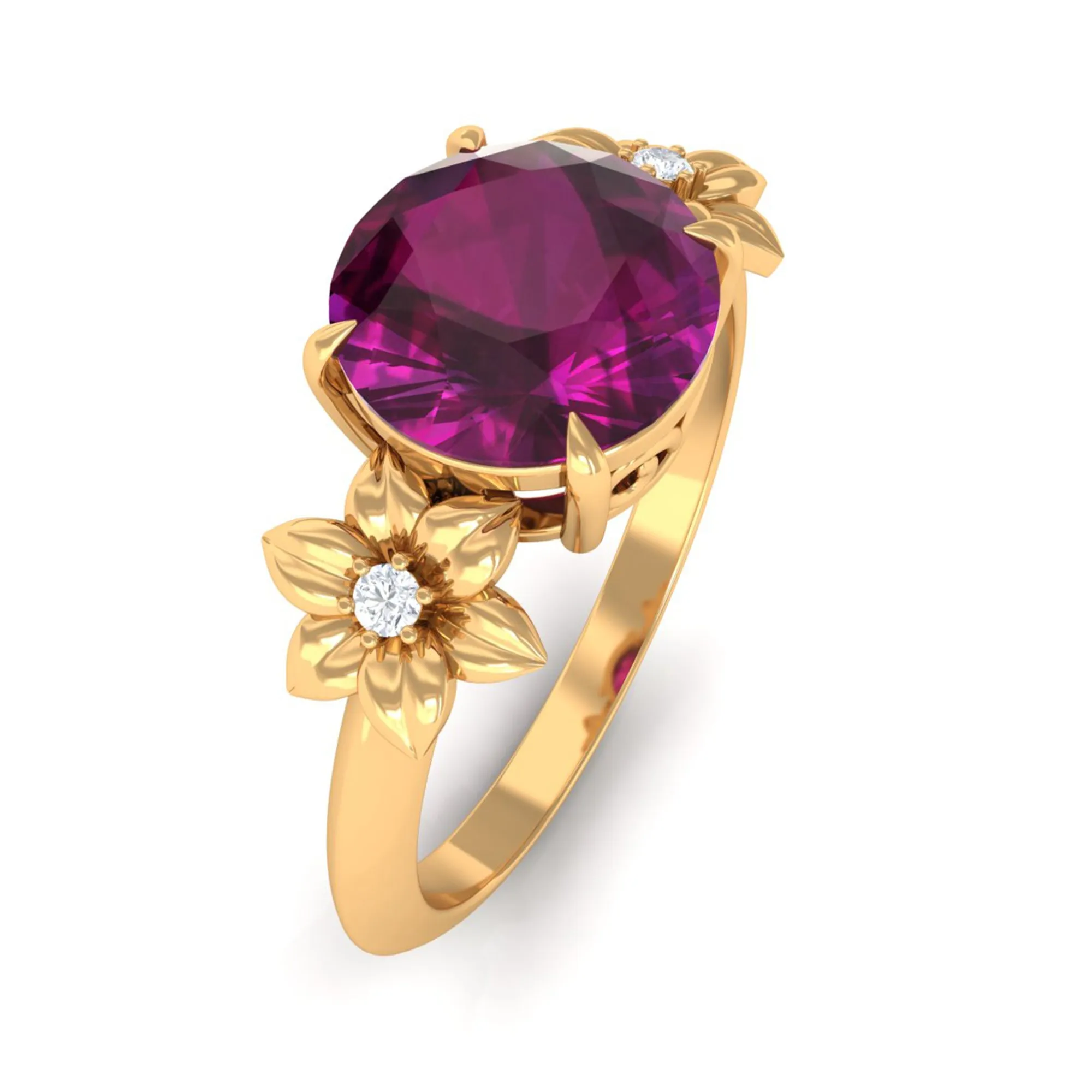 Round Rhodolite Solitaire Flower Engagement Ring with Diamond