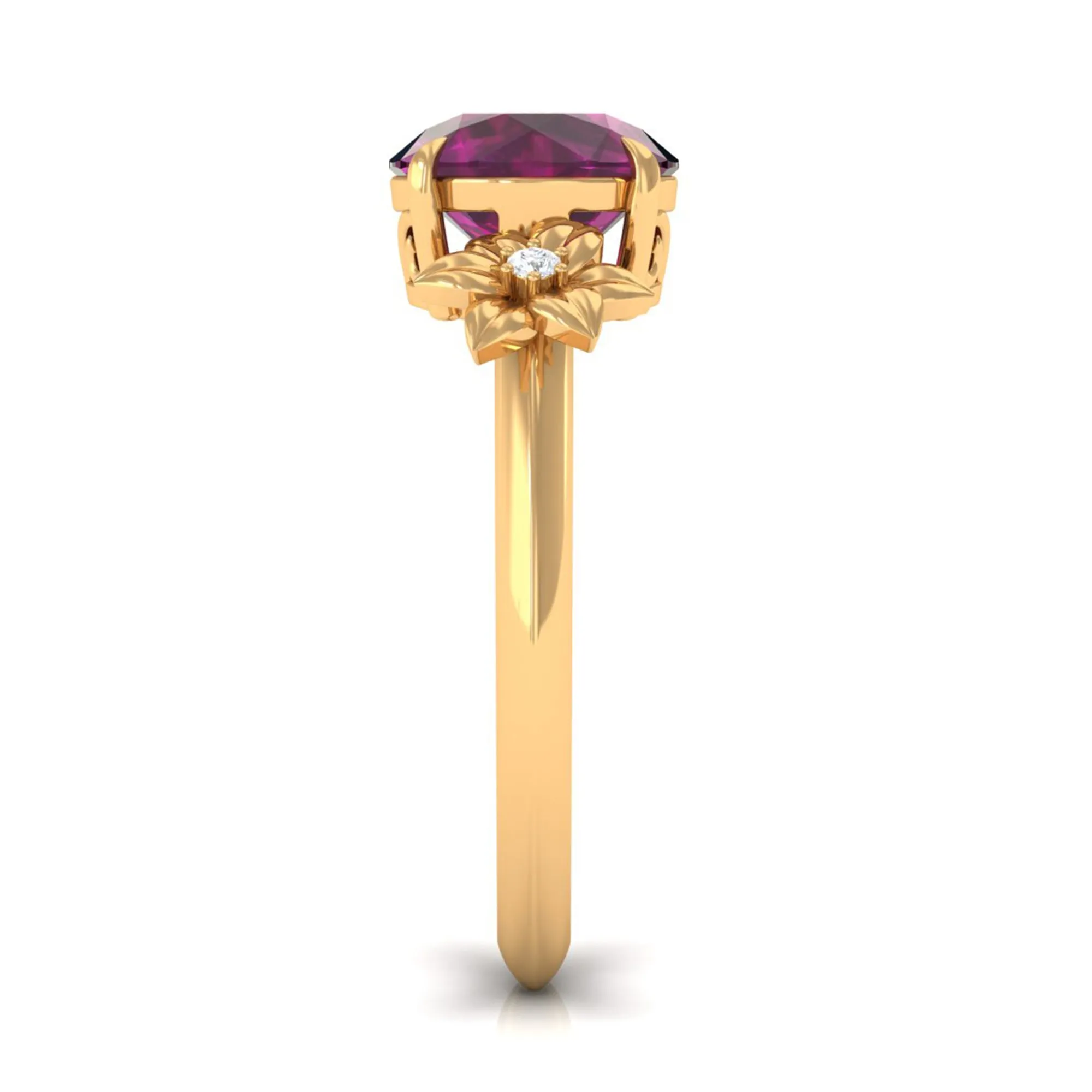 Round Rhodolite Solitaire Flower Engagement Ring with Diamond