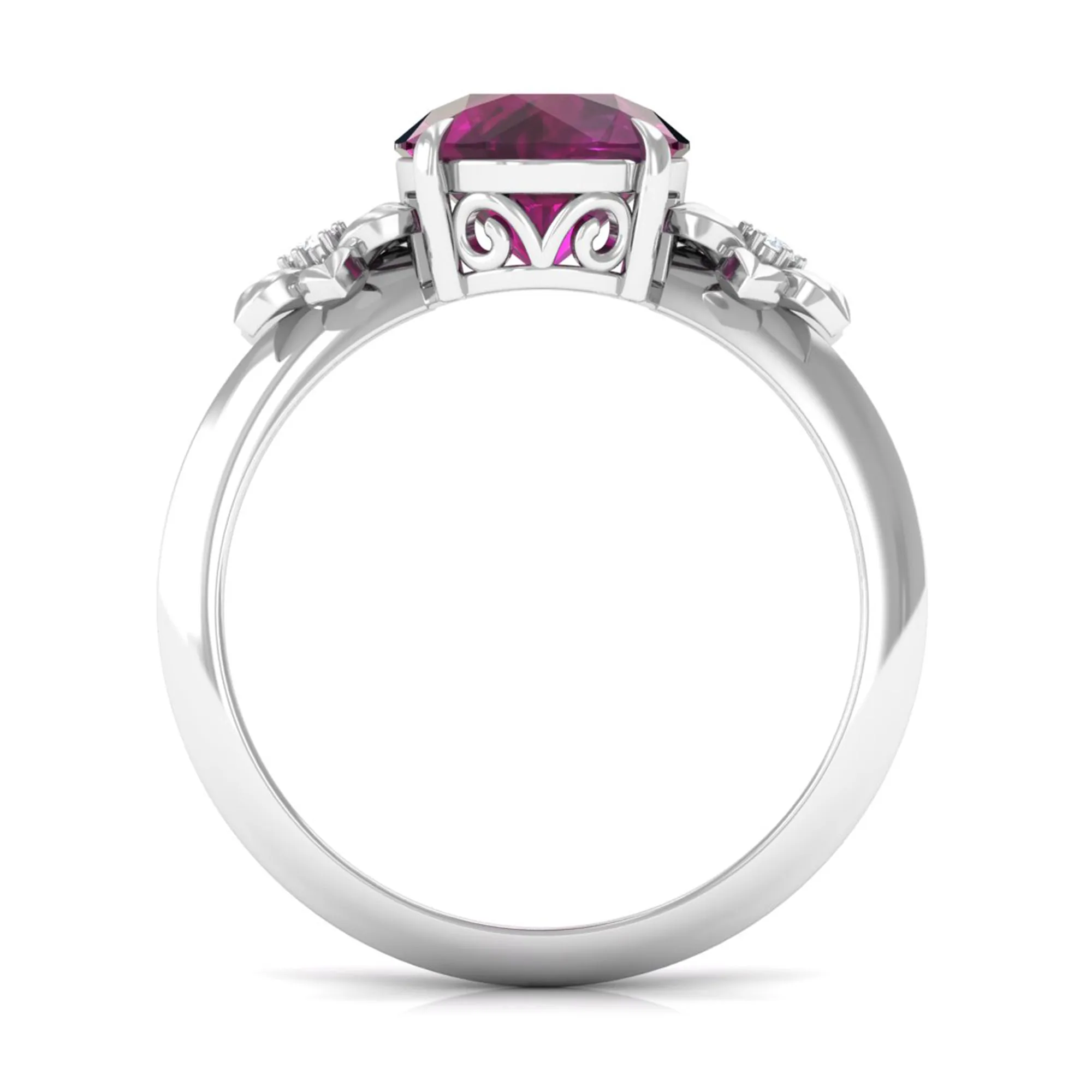 Round Rhodolite Solitaire Flower Engagement Ring with Diamond