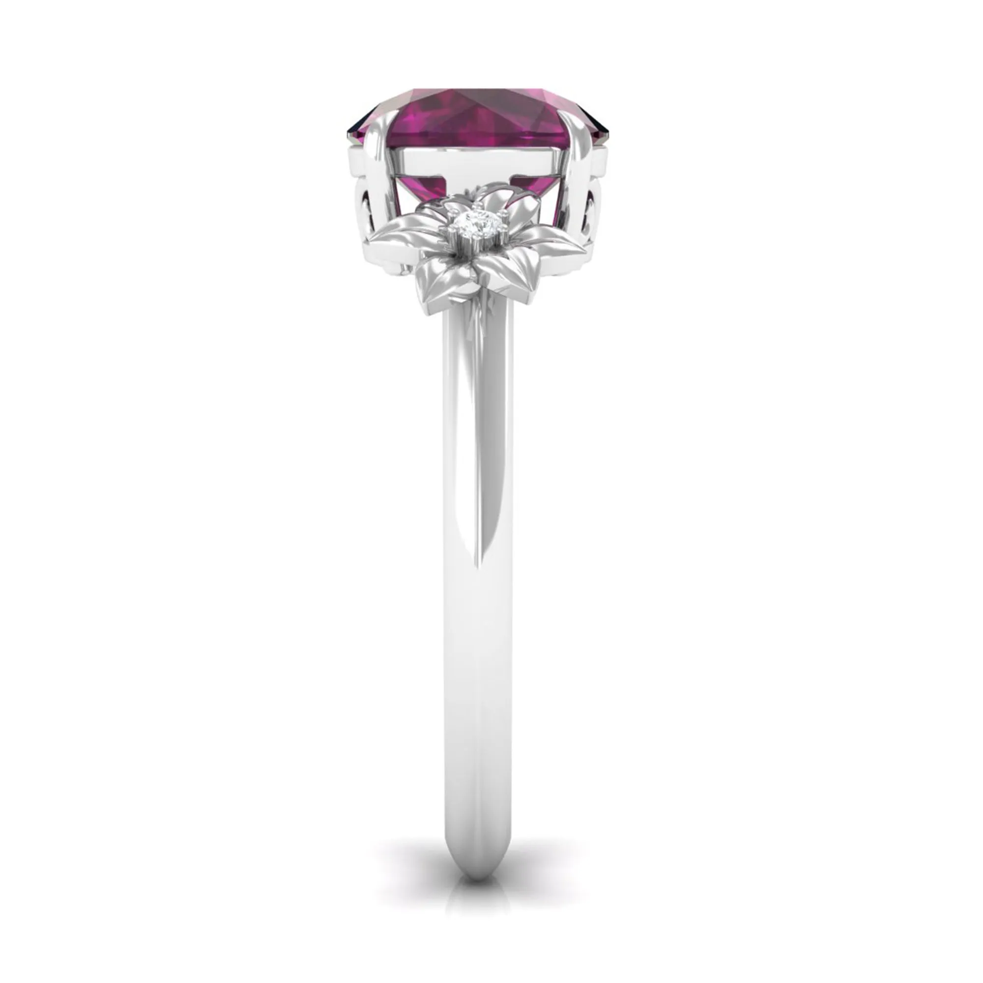 Round Rhodolite Solitaire Flower Engagement Ring with Diamond