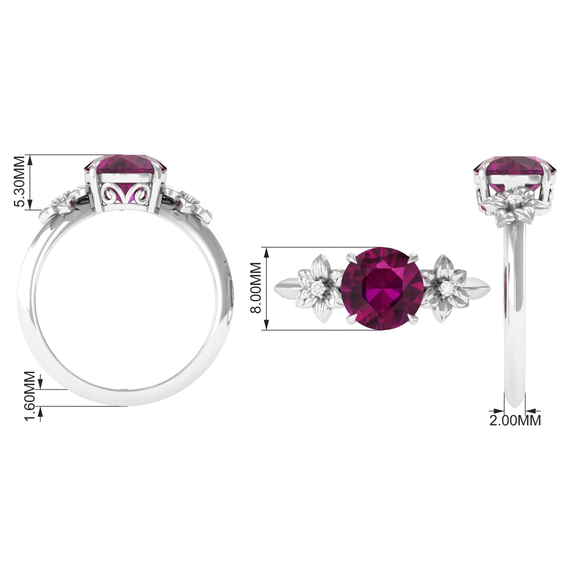 Round Rhodolite Solitaire Flower Engagement Ring with Diamond