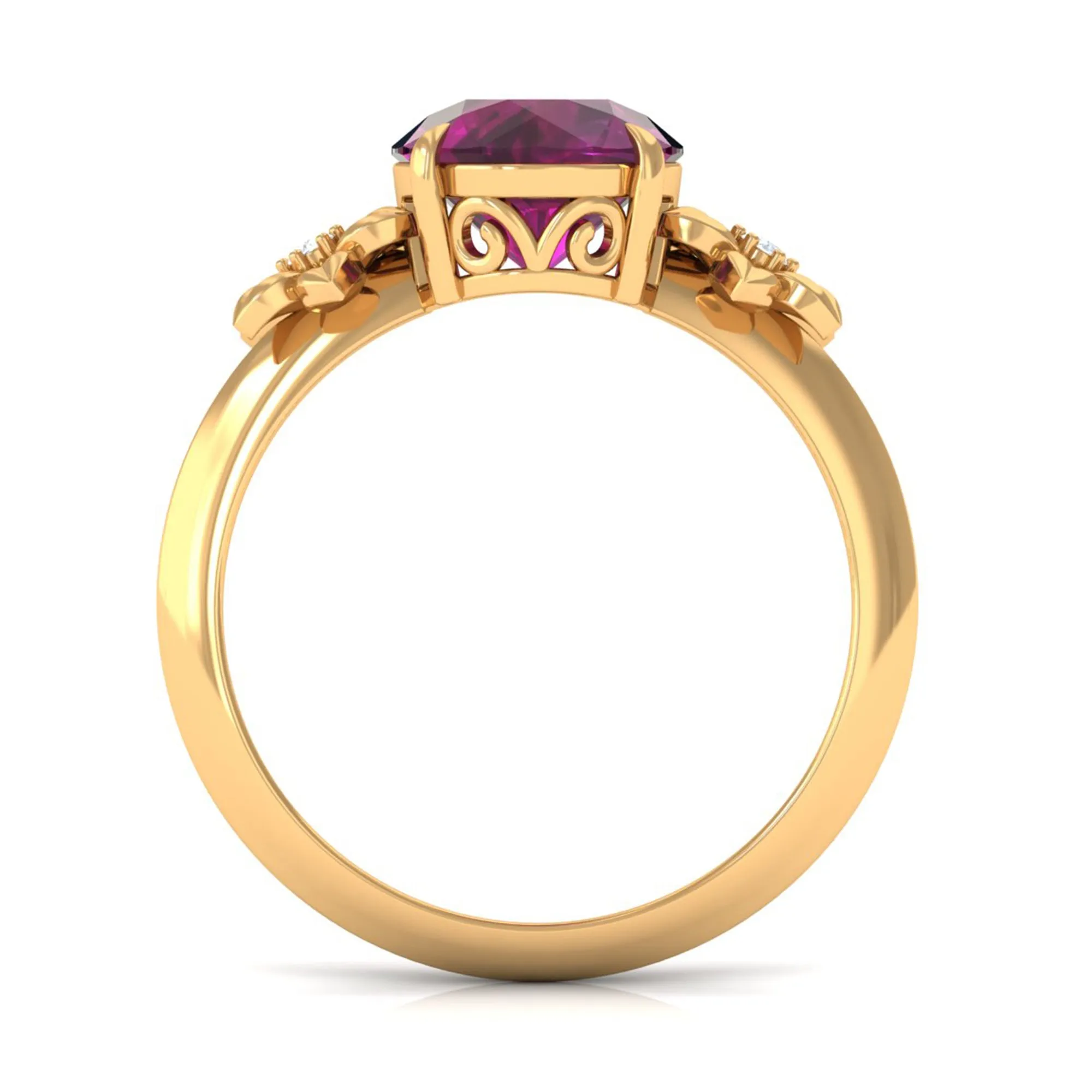 Round Rhodolite Solitaire Flower Engagement Ring with Diamond