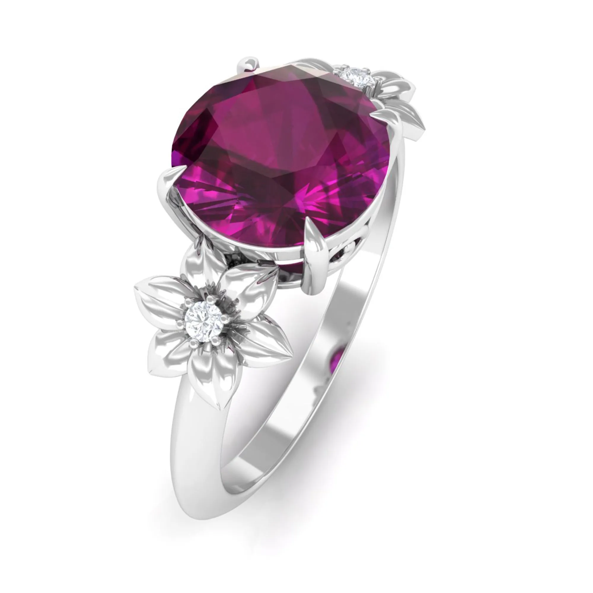 Round Rhodolite Solitaire Flower Engagement Ring with Diamond