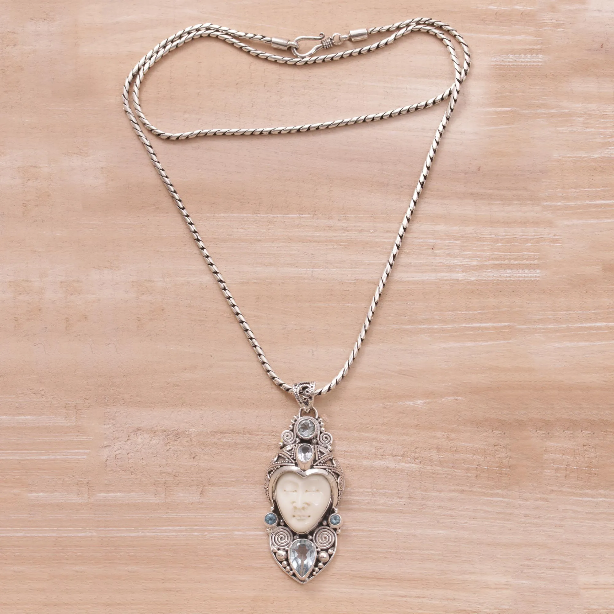 Royal Knight Blue Topaz Silver & Bone Pendant Necklace