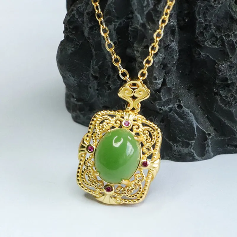 S925 Silver Natural Hetian Jade Oval Jasper Hollow Zircon Necklace