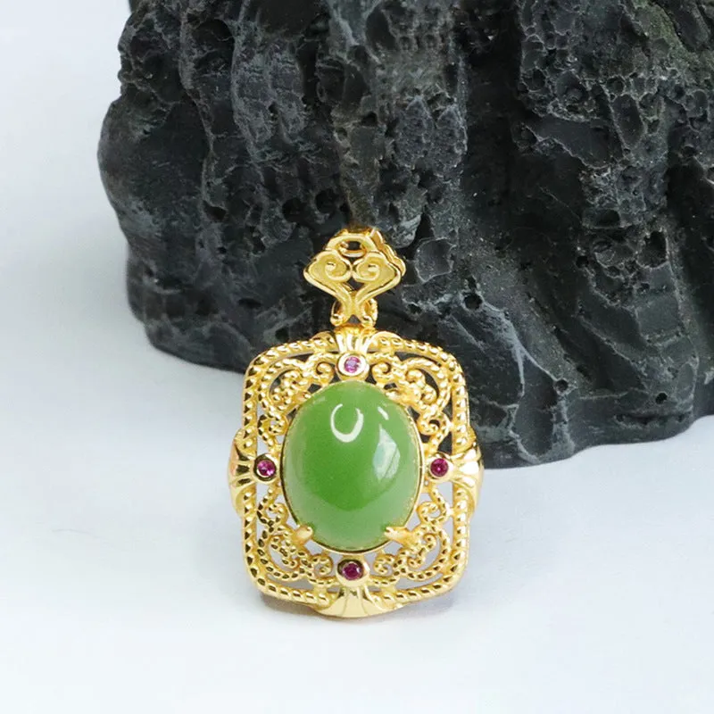 S925 Silver Natural Hetian Jade Oval Jasper Hollow Zircon Necklace